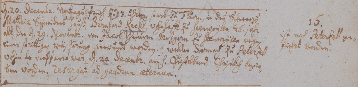 Todeseintrag vom 20. Dezember 1658 im Totenregister von Fluorn