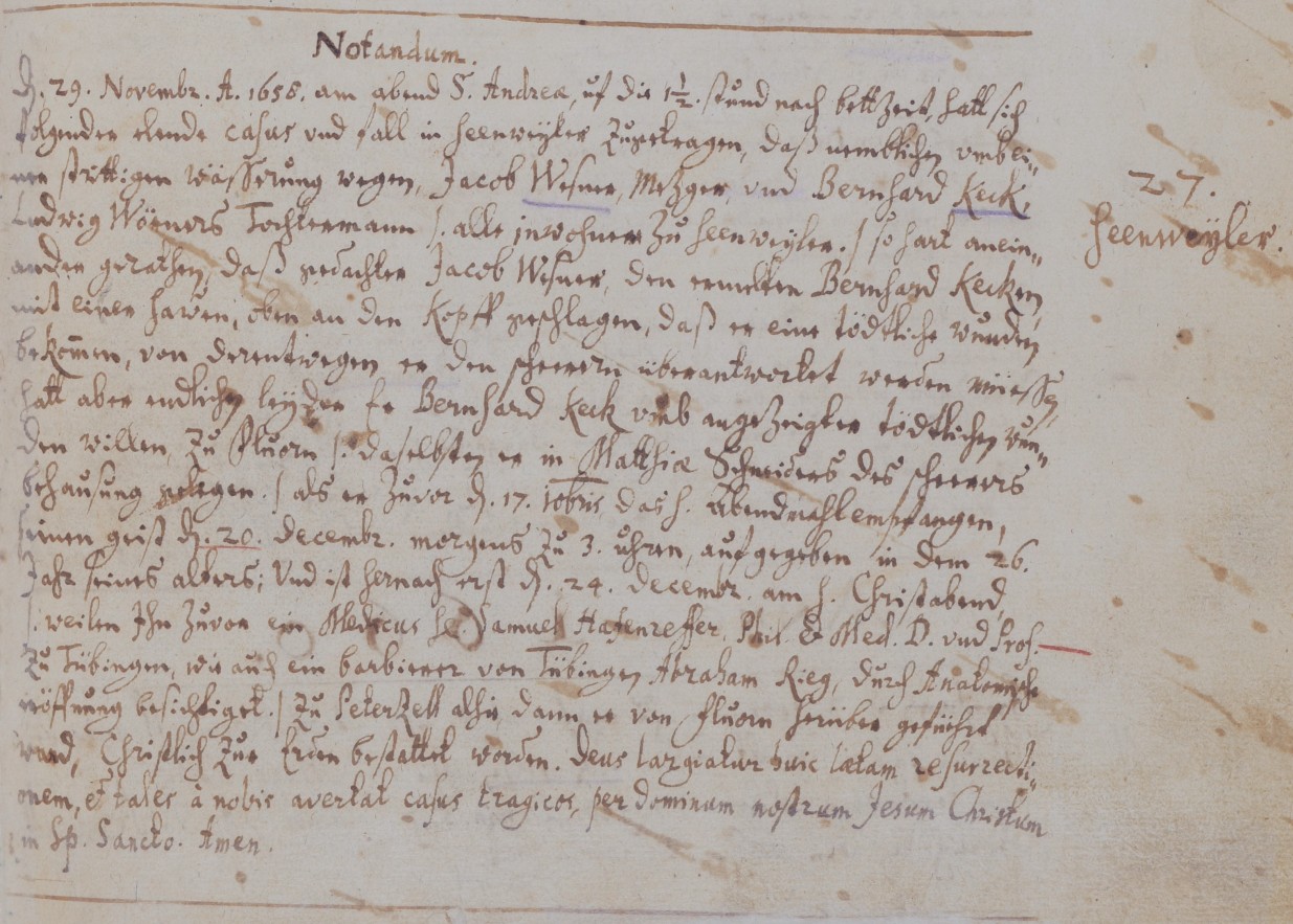 Todeseintrag vom 20. Dezember 1658 im Totenregister von Peterzell